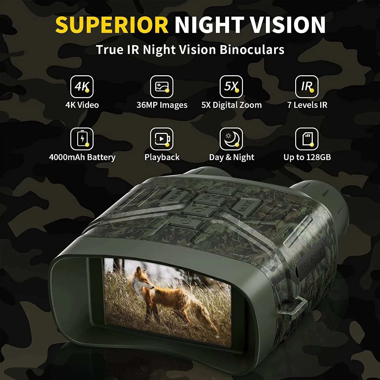 Black night vision instrument with 4K 36MP resolution and 3-inch display showing night vision footage