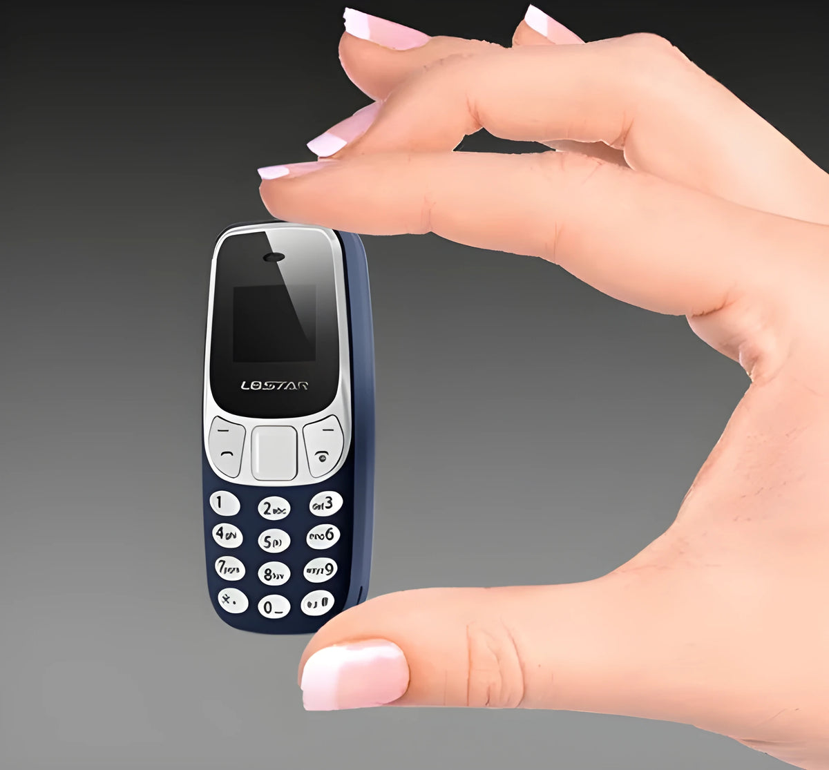 Miniature thumb phone dual SIM ultra-small OLED display blue colour front view