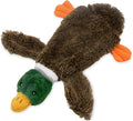 Green stuffless plush dog toy shaped like a wild duck with a squeaker in head and tail.
