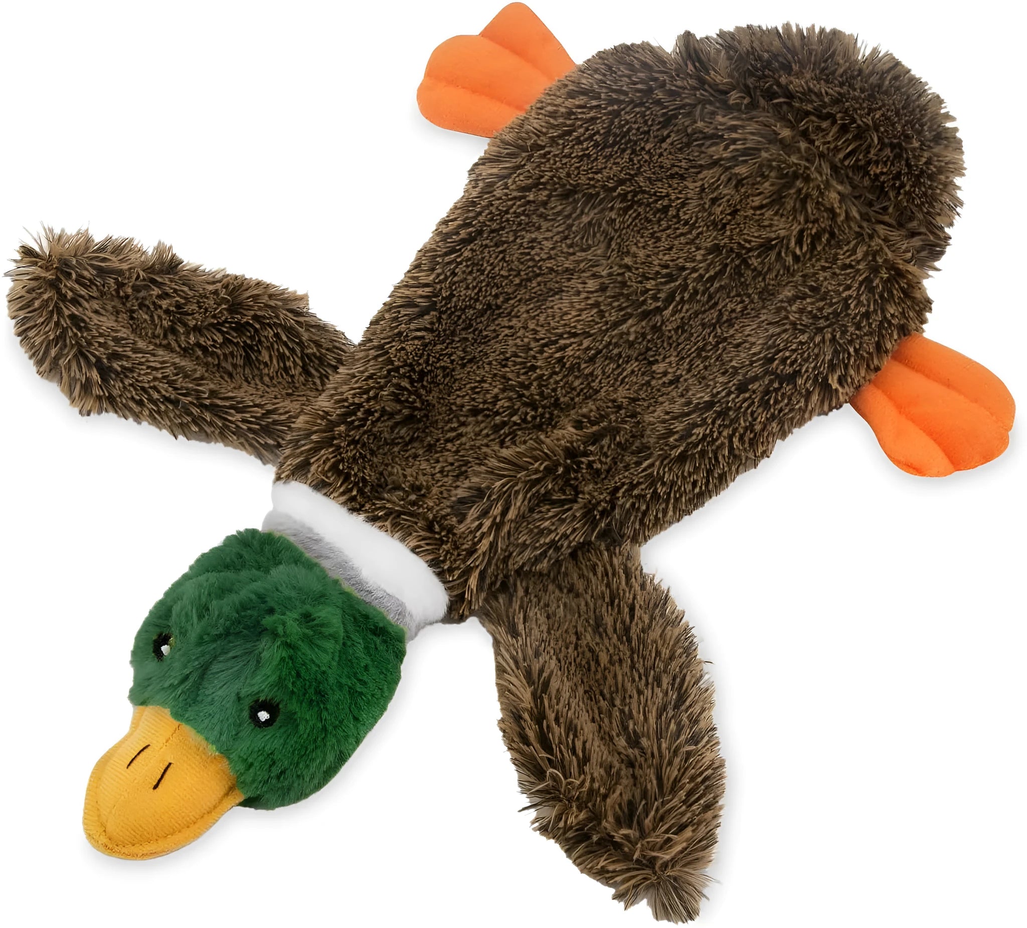 Green stuffless plush dog toy shaped like a wild duck with a squeaker in head and tail.
