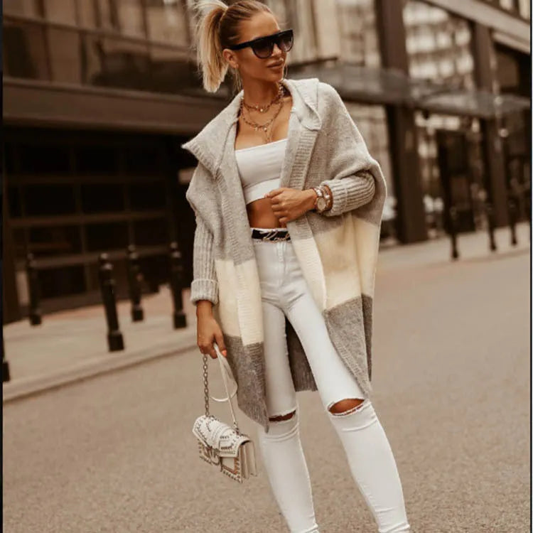 Women's hooded knit cardigan coat in pink or grey with colour matching pattern, long sleeves, loose fit, 65cm length
