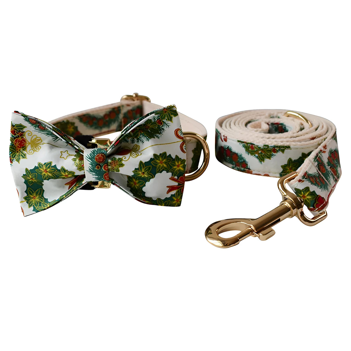 Cotton dog collar with metal buckle, Christmas wreath design, and bow option in sizes S to XL.