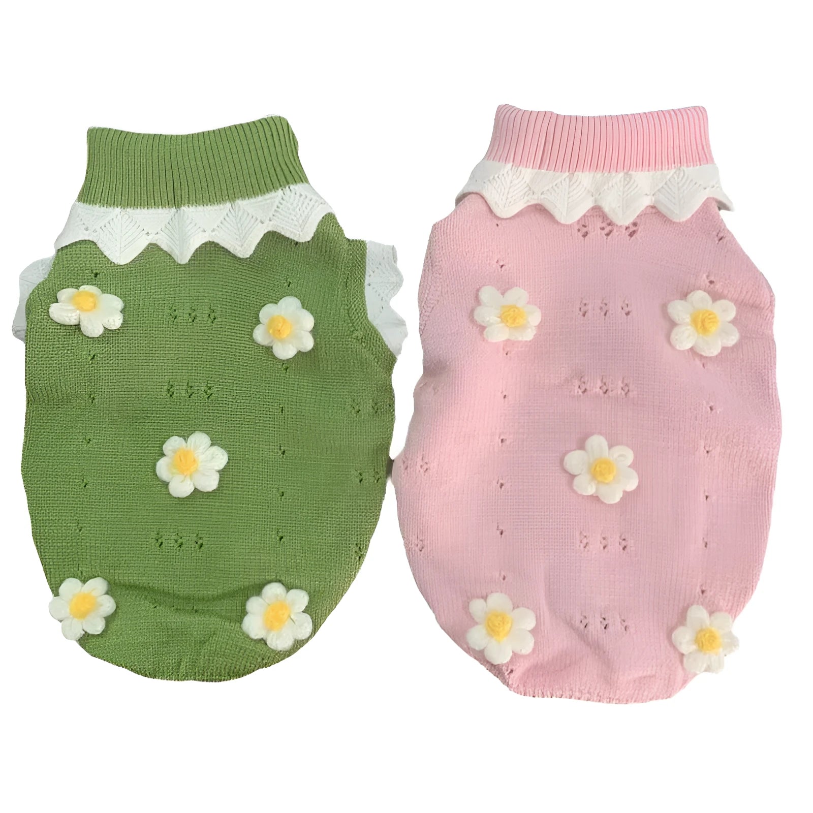 Green flower blossom pattern dog sweater shown on a small pet, with a size chart for XS to XL visible.