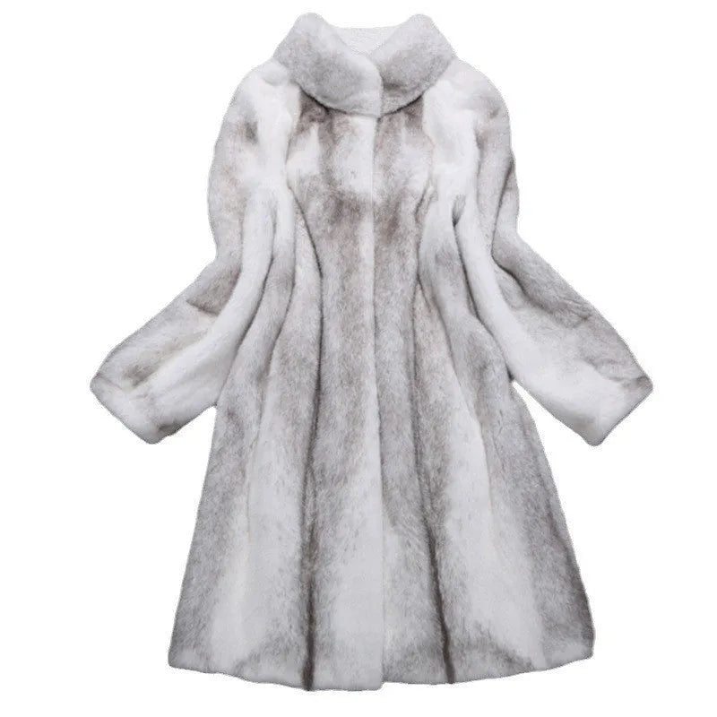 White women's artificial fur coat with stand-up collar, regular sleeves and 80cm length