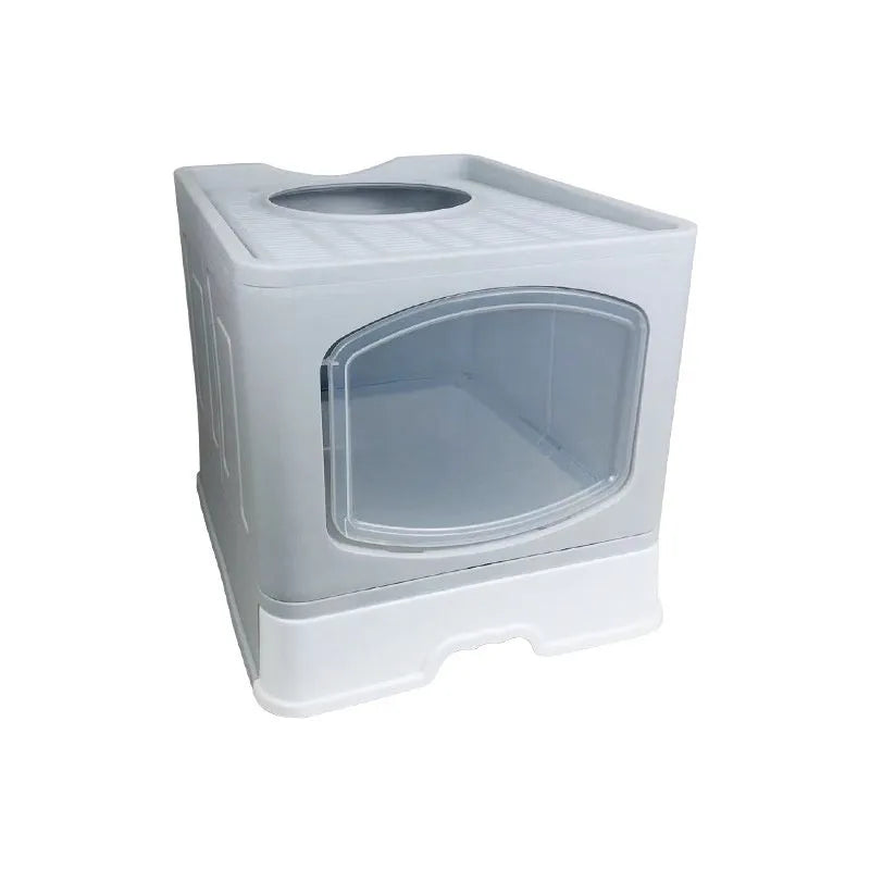 Folding fully enclosed cat litter box in blue, pink, or grey, 51x41x44cm, made from ABS and PP.