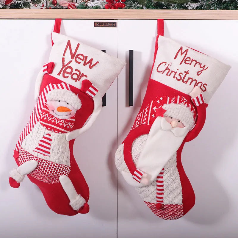 Red and white cloth Christmas stocking candy sock, 45x26 cm, with snowman and elderly sock style options.