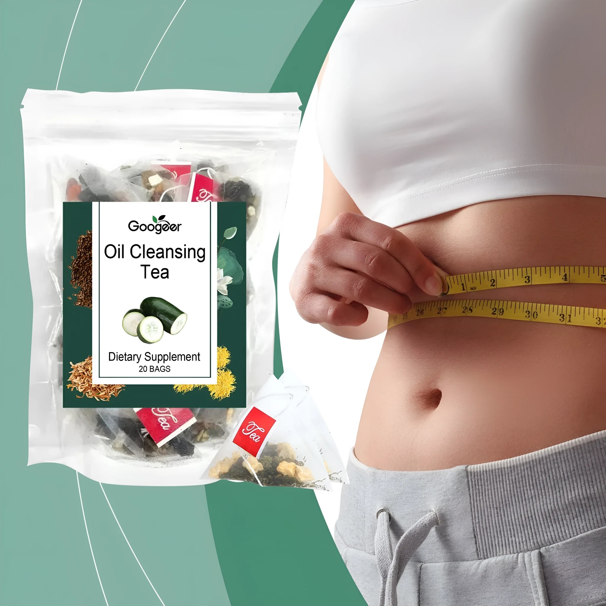 Pack of Googeer oil cleansing herbal tea body treatment with 20 individual tea bags.