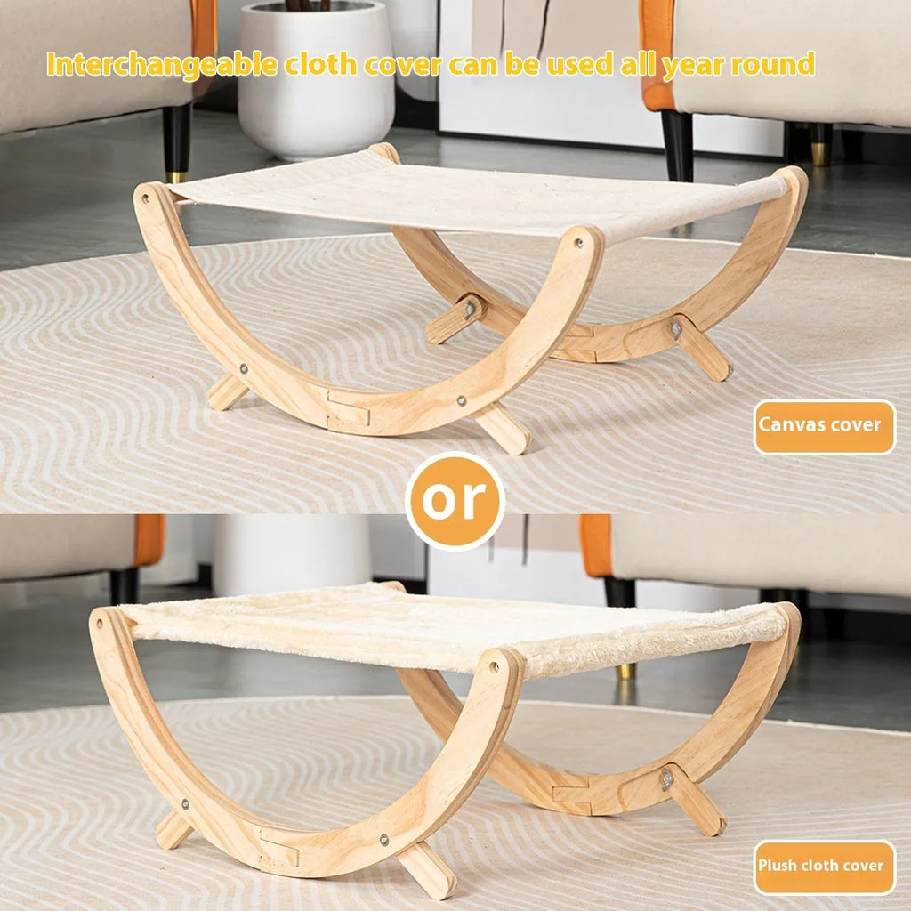 Solid wood foldable cat hammock bed with a neutral canvas and plush cushion.