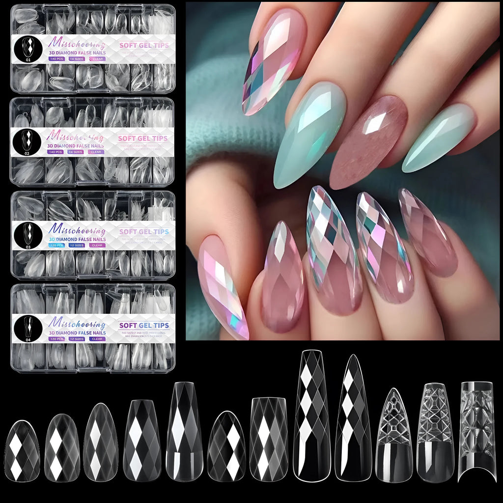 Long coffin-shaped diamond nail tips for 3D styling in assorted colours with transparent adhesive zones