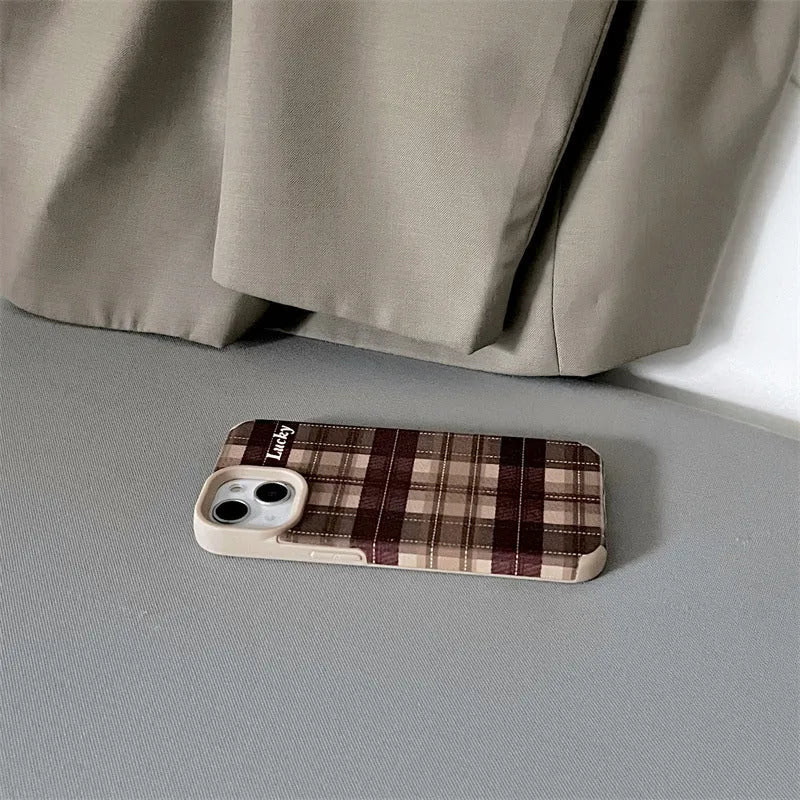 Silicone anti-fall phone case with embossed light coffee plaid lucky letter design for iPhone 13 Pro
