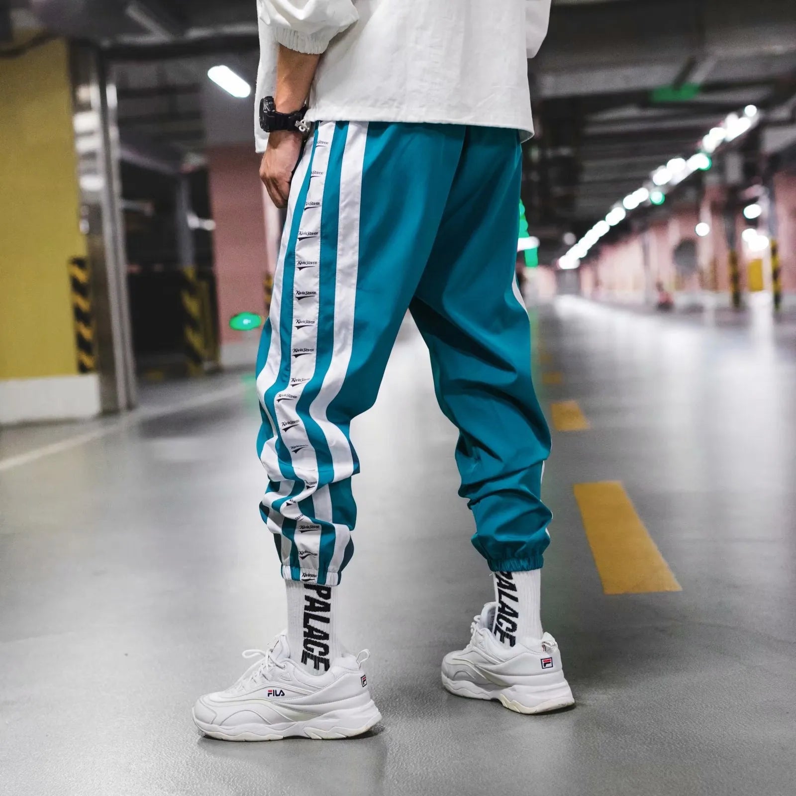 Cotton harem jogger with belt, stripe pattern, black blue nine length pants for men