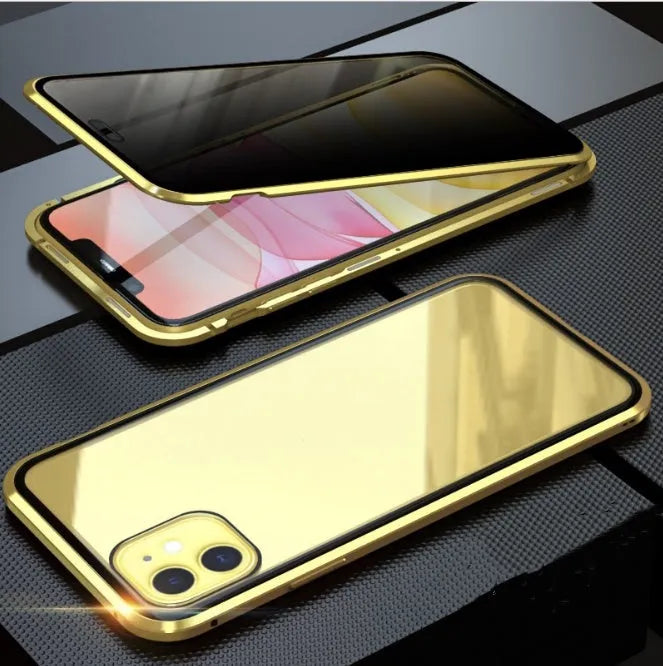 Double-sided glass magnetic clamshell case for iPhone in black, shown with magnetic ring and anti-peeping screen.