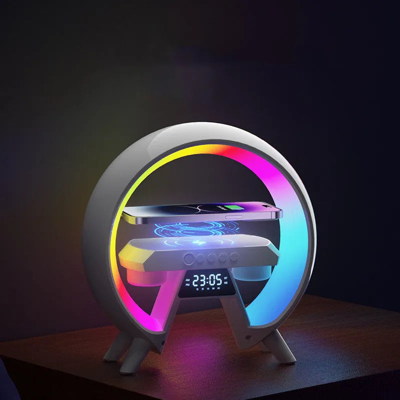 Bedside Bluetooth speaker with wireless charger and clock light, USB powered, 236mm round unit