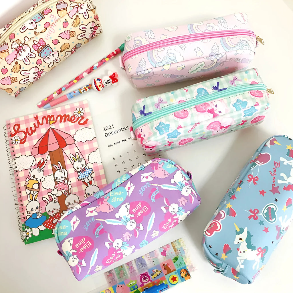 Printed PVC cylindrical pencil case 19 x 6.3 x 7 cm with cartoon pattern for school stationery