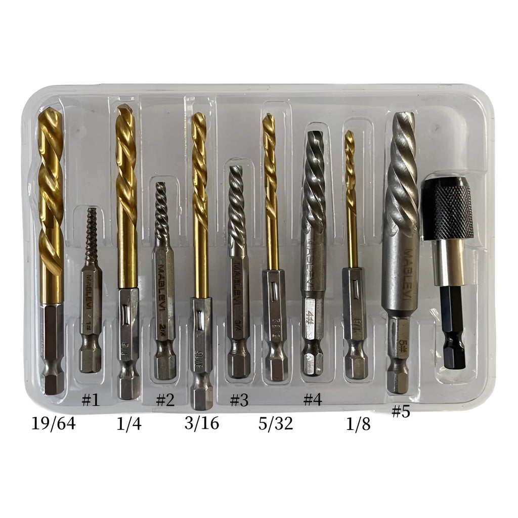 Silver household hexagonal handle screw extractor 12-piece set on a dark surface