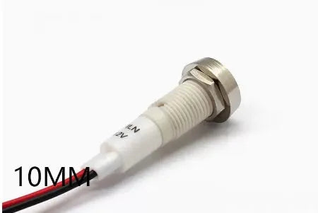 10mm stainless steel edge plastic indicator light with wire, shown in available colours.