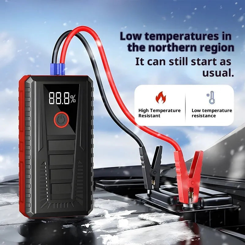 Car jump starter emergency power supply with 1000A peak current and 14.8V battery pack in storage bag