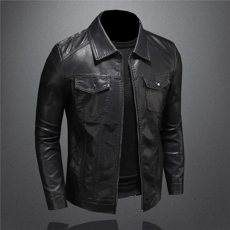 Men's thin artificial leather motorcycle jacket in black with zipper and loose fit