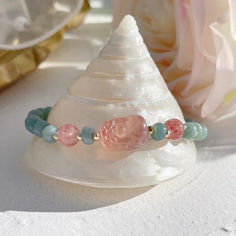 Women's natural blue water jade bead bracelet with gourd peace buckle charm