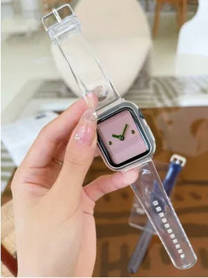 Brown transparent silicone Apple Watch replacement strap showing compatibility with Series 1-7 and SE models