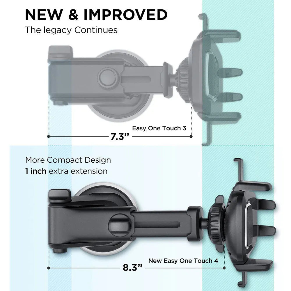 Black retractable suction cup car phone holder mounted on car dashboard