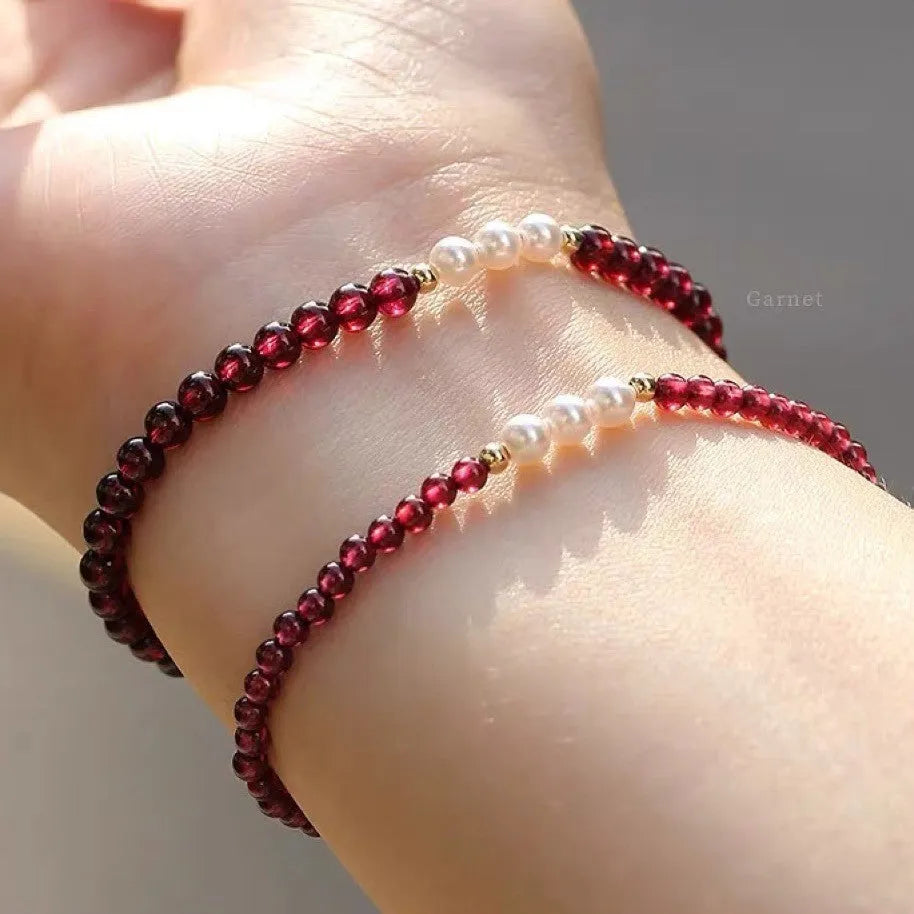 Garnet red crystal and white artificial pearl bracelet for women, shown in 3mm and 4mm bead size options.