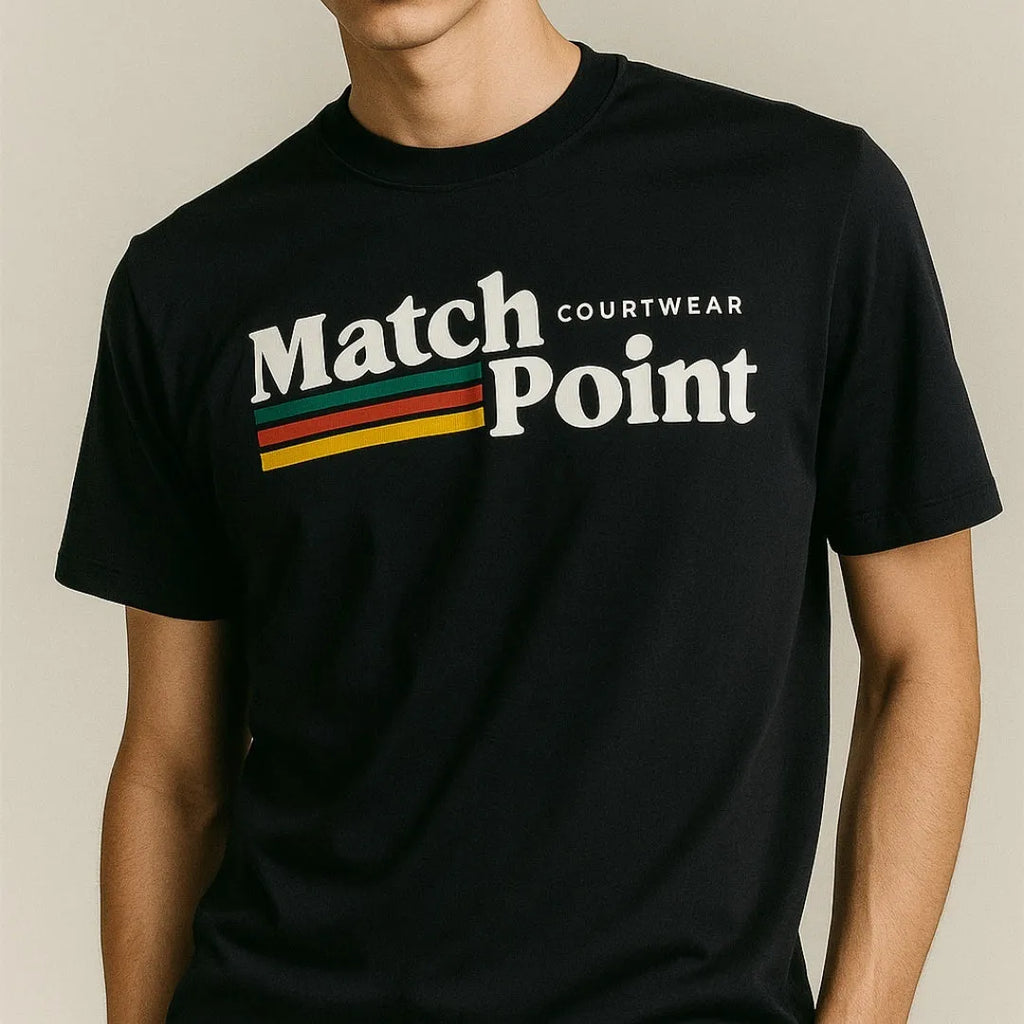 Black men's casual T-shirt with a 3D digital printed text pattern, showing round neck and short sleeves.