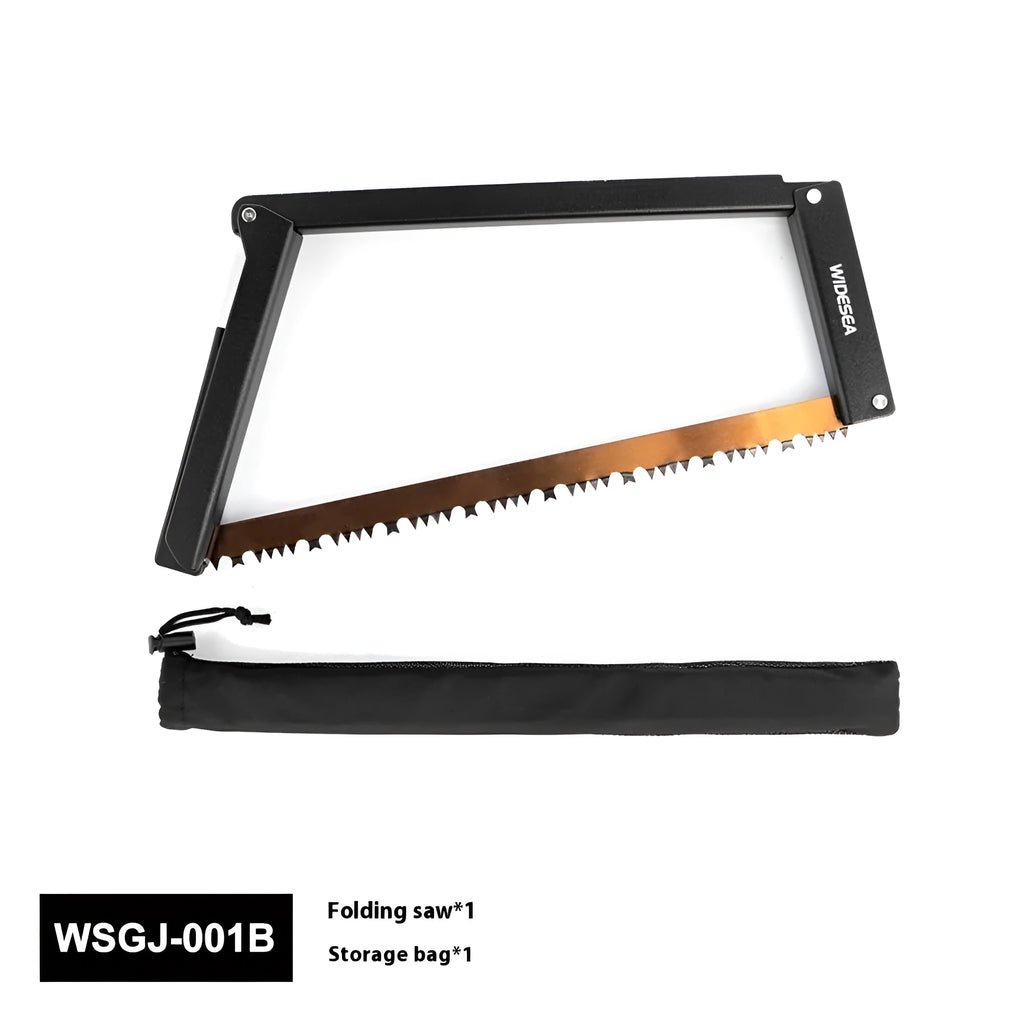 Black outdoor foldable saw with aluminium handle shown in open and closed positions.