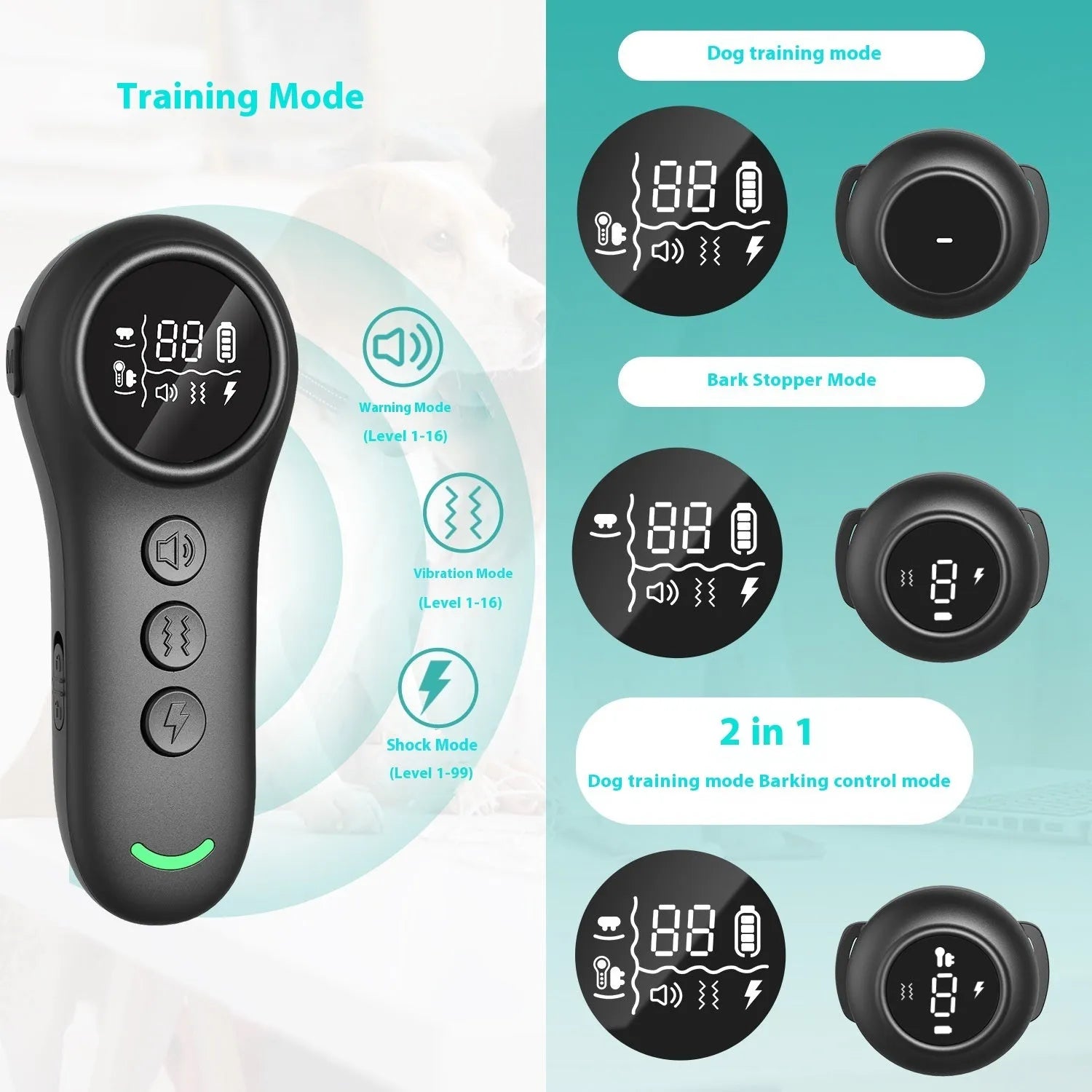 3-in-1 dog trainer bark stopper with three training modes in black ABS plastic casing