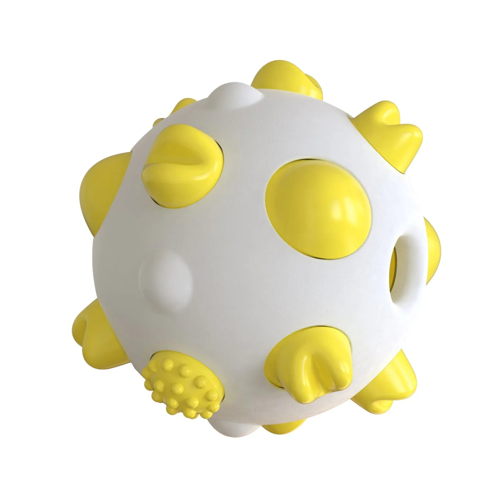 Blue, green, and yellow dog teething chew ball with serrated bumps and hollow centre.