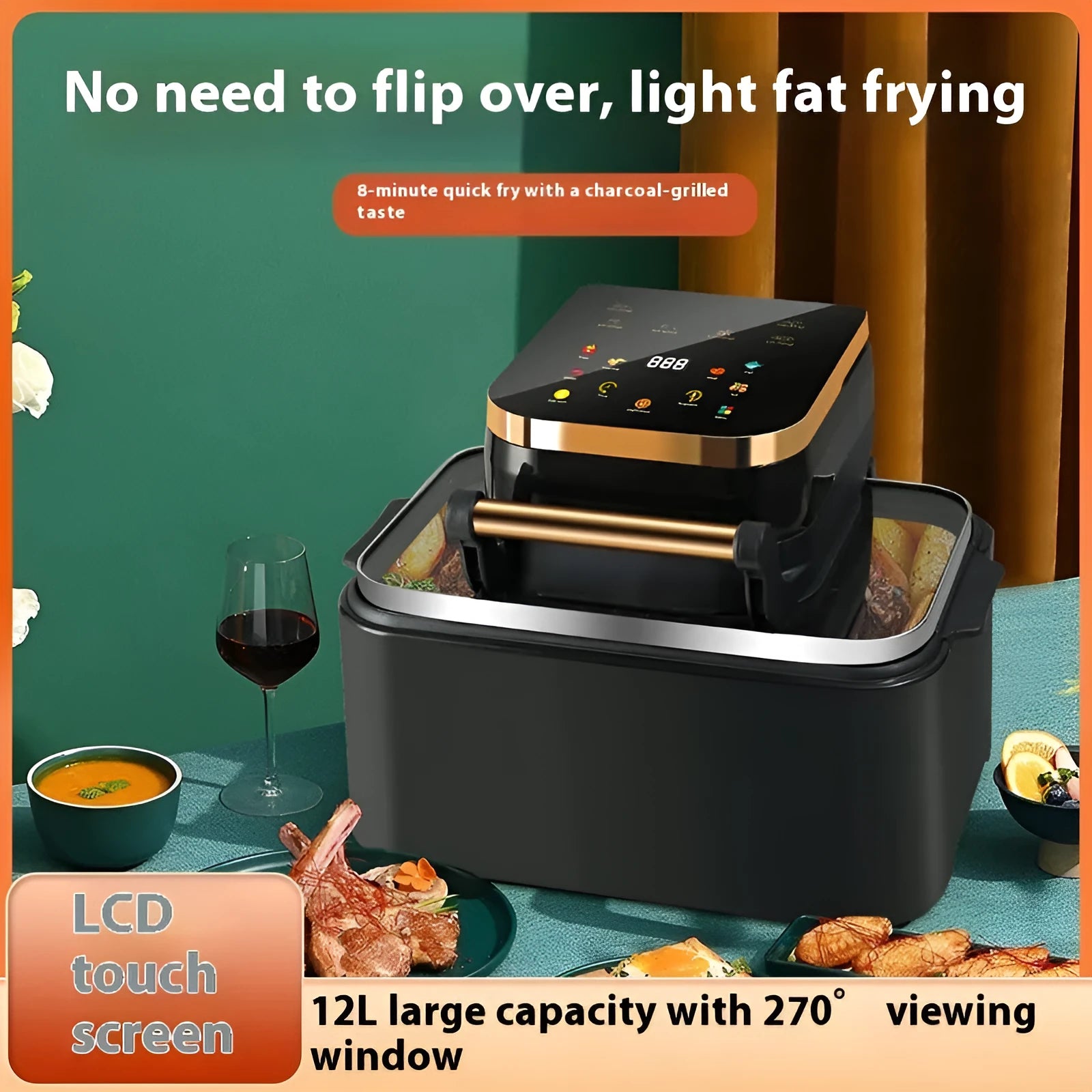 Smart Loop Air Fryer Flip Electric Oven 12L capacity in black with side view showing dimensions