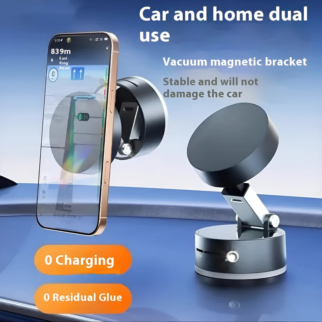 Vacuum magnetic suction phone bracket in black on car dashboard holding a smartphone