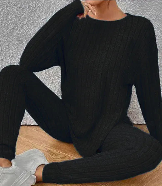 Black sunken stripe two-piece homewear set with regular sleeves and matching trousers