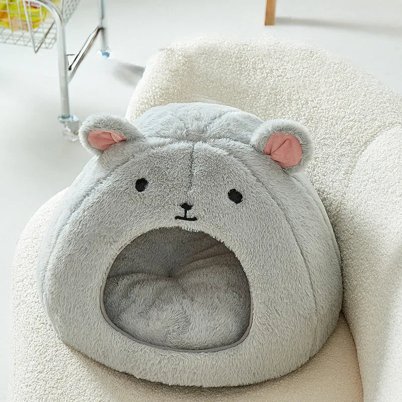 Cartoon cat and mouse all cotton soft fluffy pet bed house mat for small cats and dogs, light gray