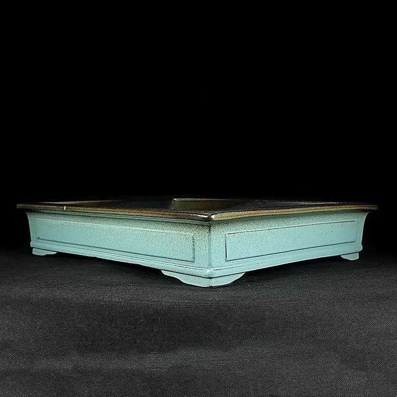 Green ceramic bonsai pot with handmade purple sand crackled glaze finish