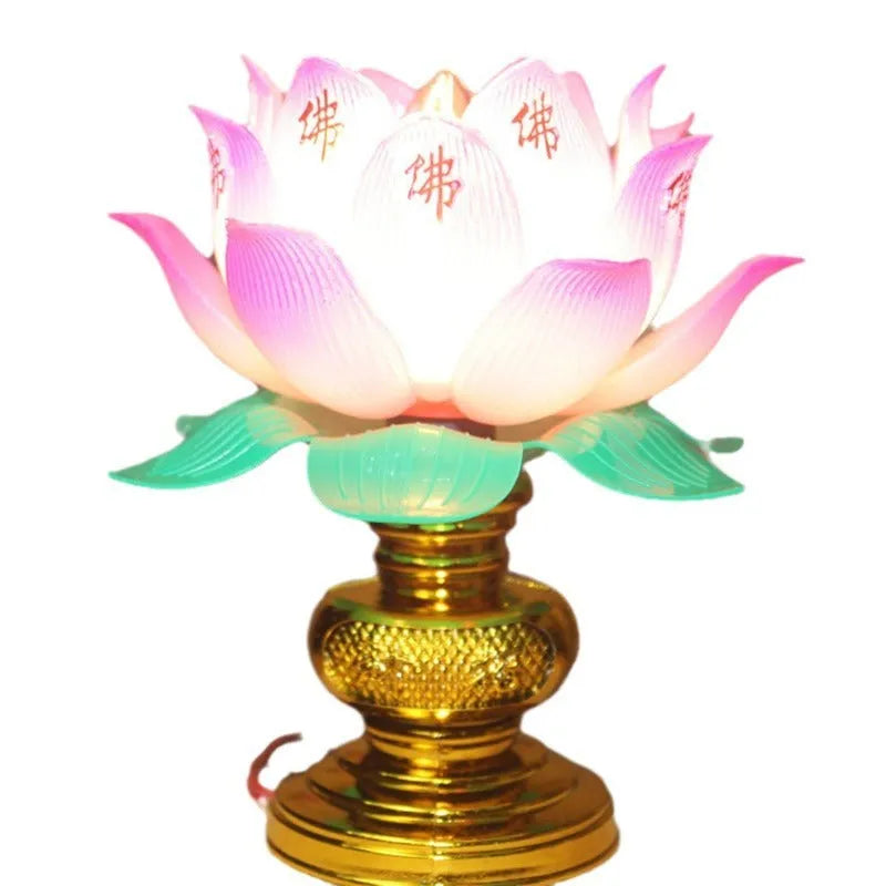 Plug-in Buddha lamp with a colourful lotus base light for home worship.
