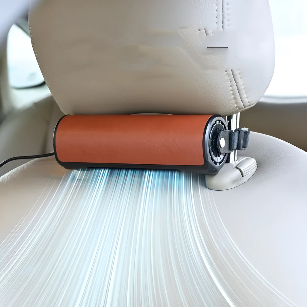 Bladeless car ventilation fan with USB connection and three speed settings in black, brown or red