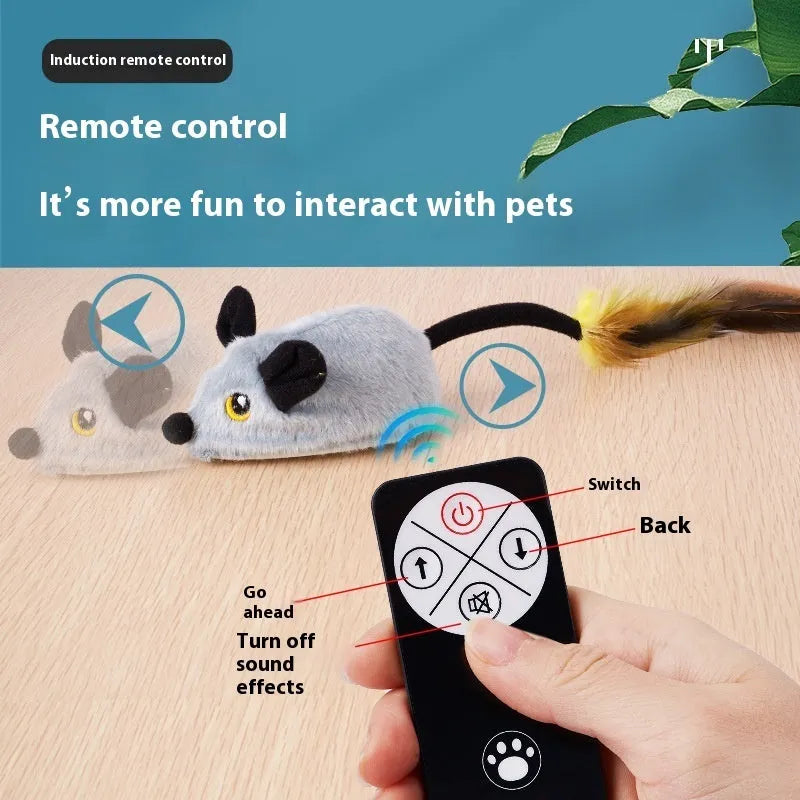 Grey and yellow plush mouse cat toys with remote control unit and charging cable