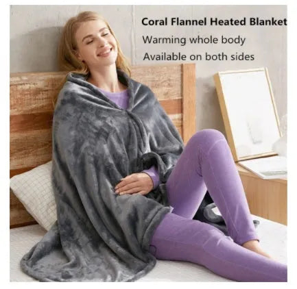 Dark grey USB electric heated plush blanket showing plug and control button.