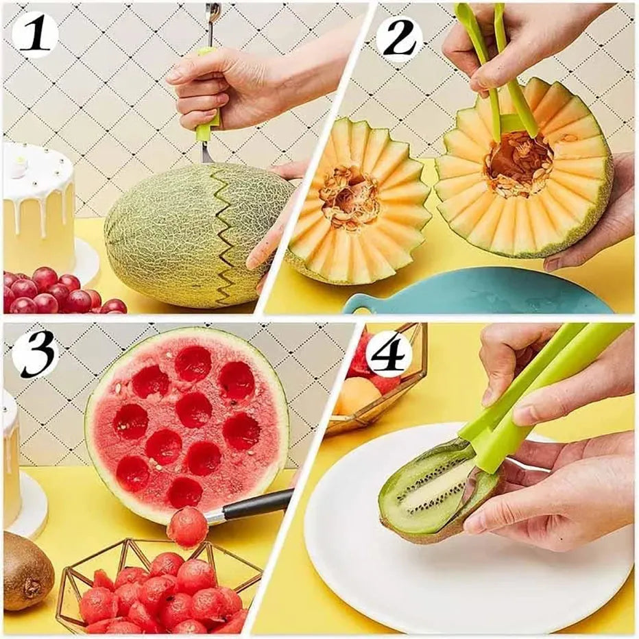 3-in-1 fruit carving knife set with melon baller, V-shaped carver, and scoop nested together on a kitchen counter