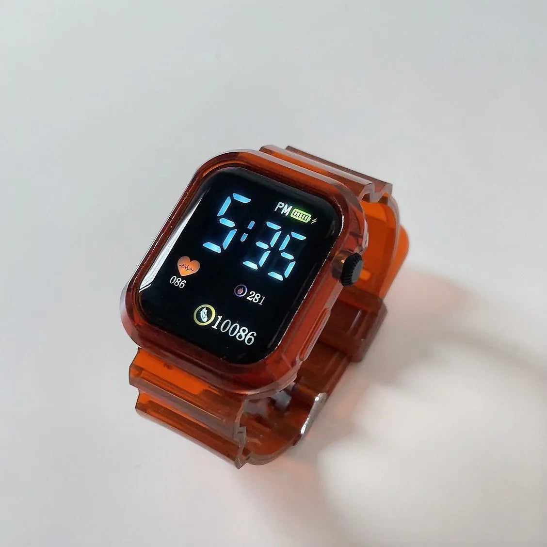 Square LED electronic watch with 45mm rectangle dial, plastic strap, plastic watchcase, transparent colour option.