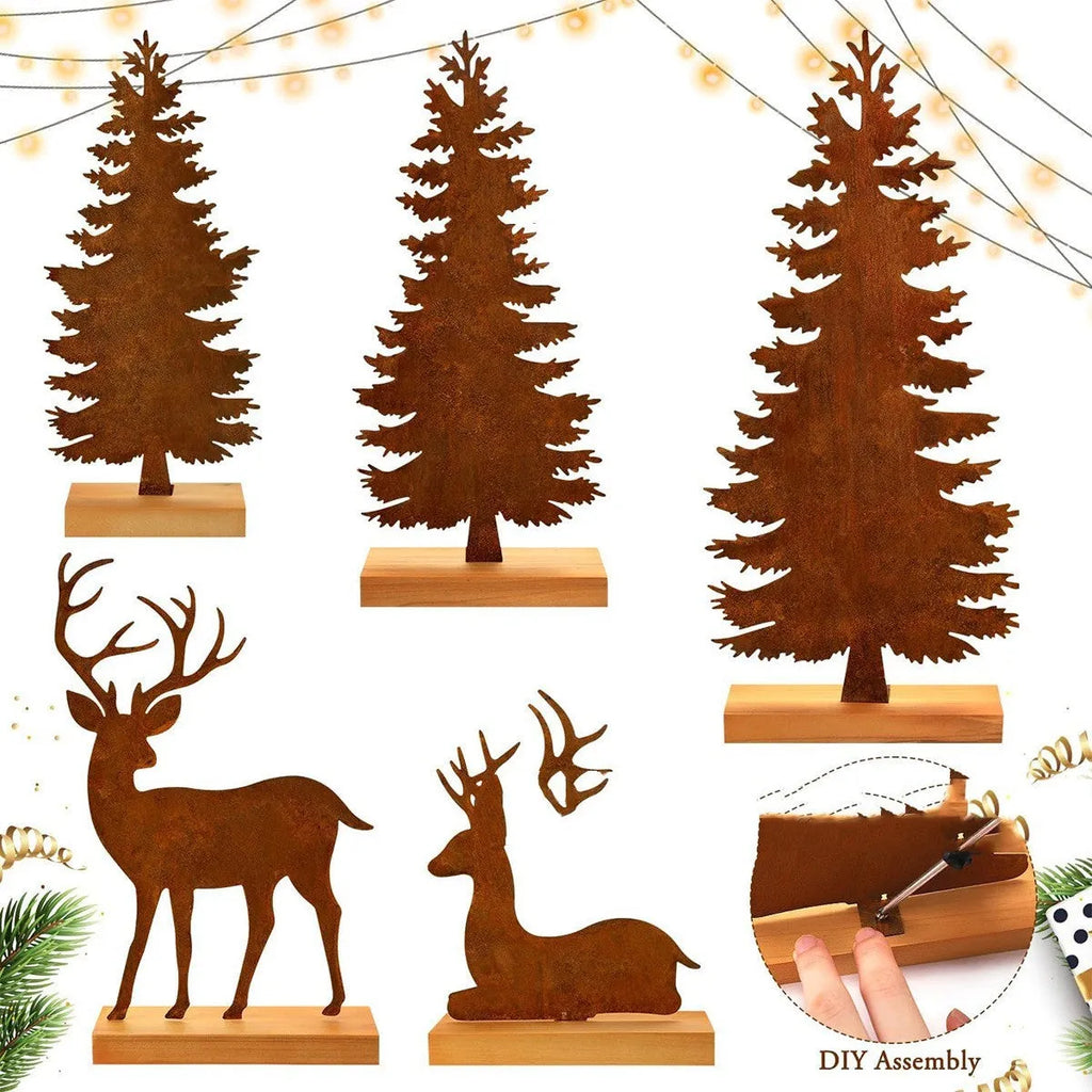Set of three rusty iron Christmas tree decorations with standing elk figures