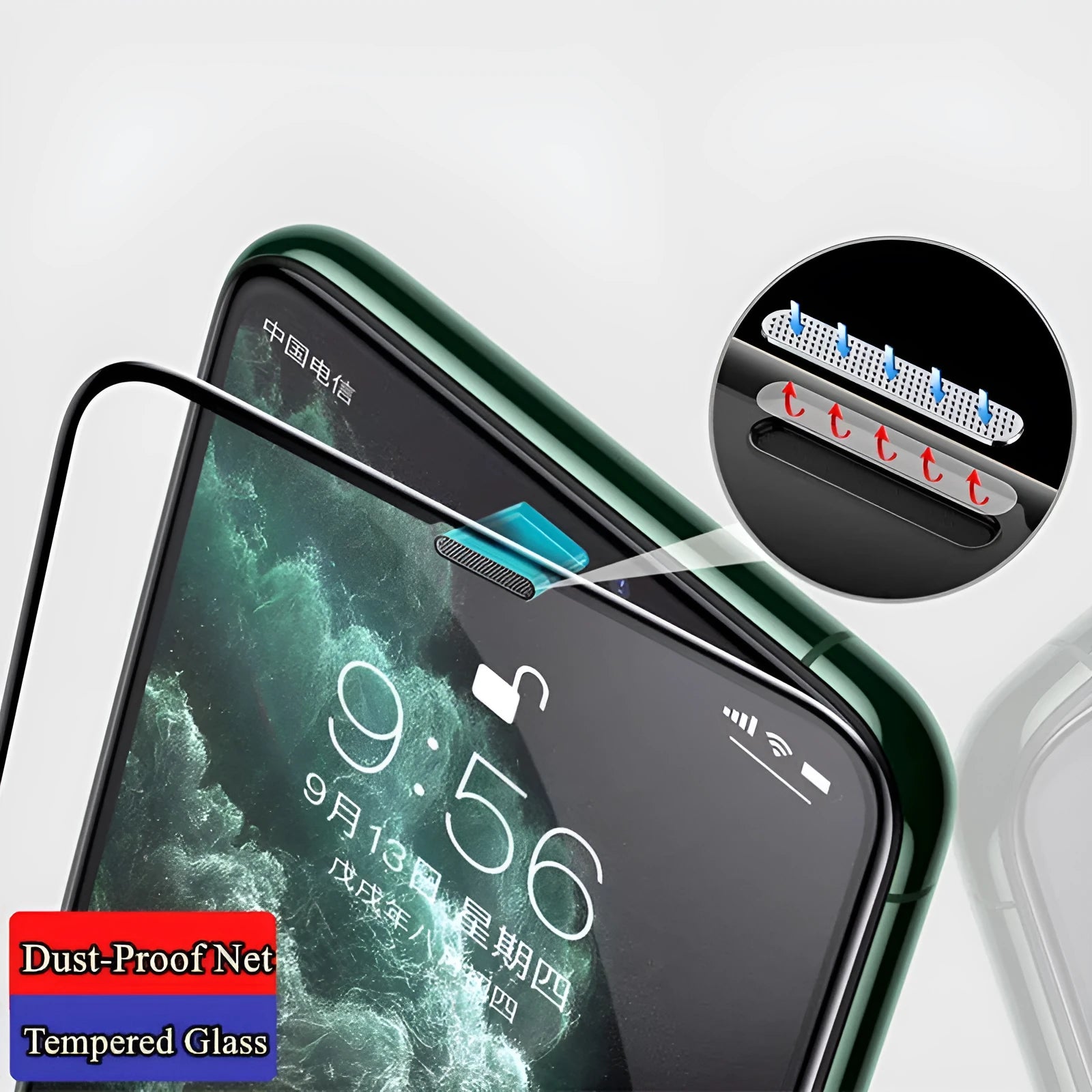 Privacy tempered glass screen protector with dustproof net for iPhone showing anti-peep and blue light filter variants