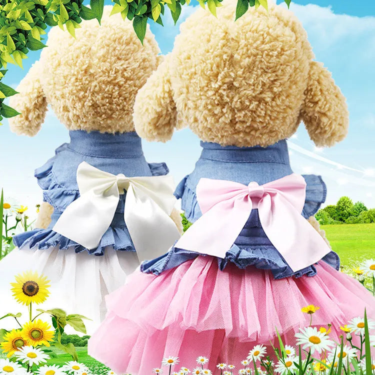 Korean version creative bow pet denim skirt for dogs in princess style with ruffled trim