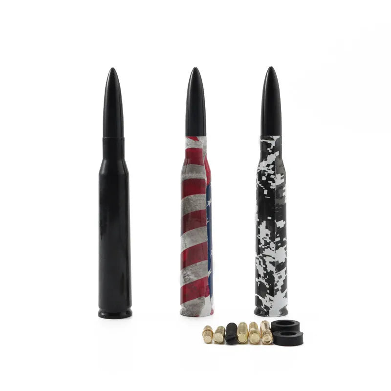 14cm bullet car antenna in camouflage green, American flag, and black colour options for modified vehicles