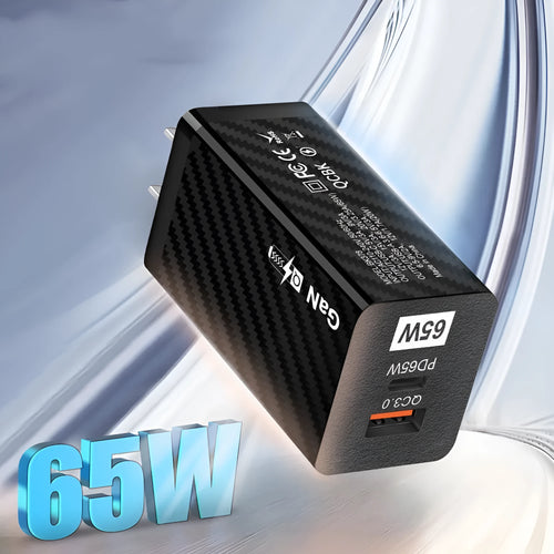 65W GaN universal laptop charger in white or black with compact dimensions and USB-C PD port
