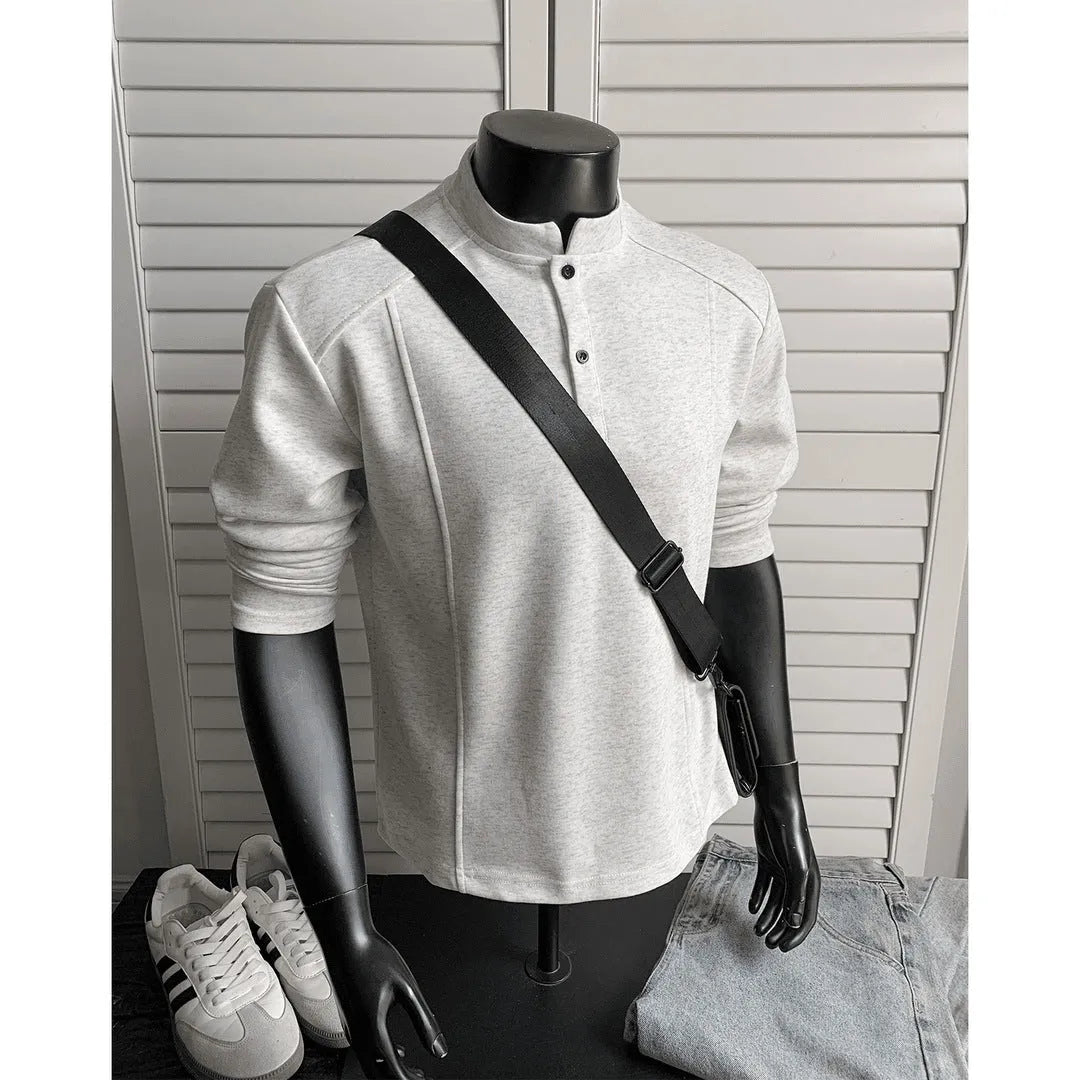 Men's patchwork stand-up collar polo shirt in cotton fabric with asymmetric design