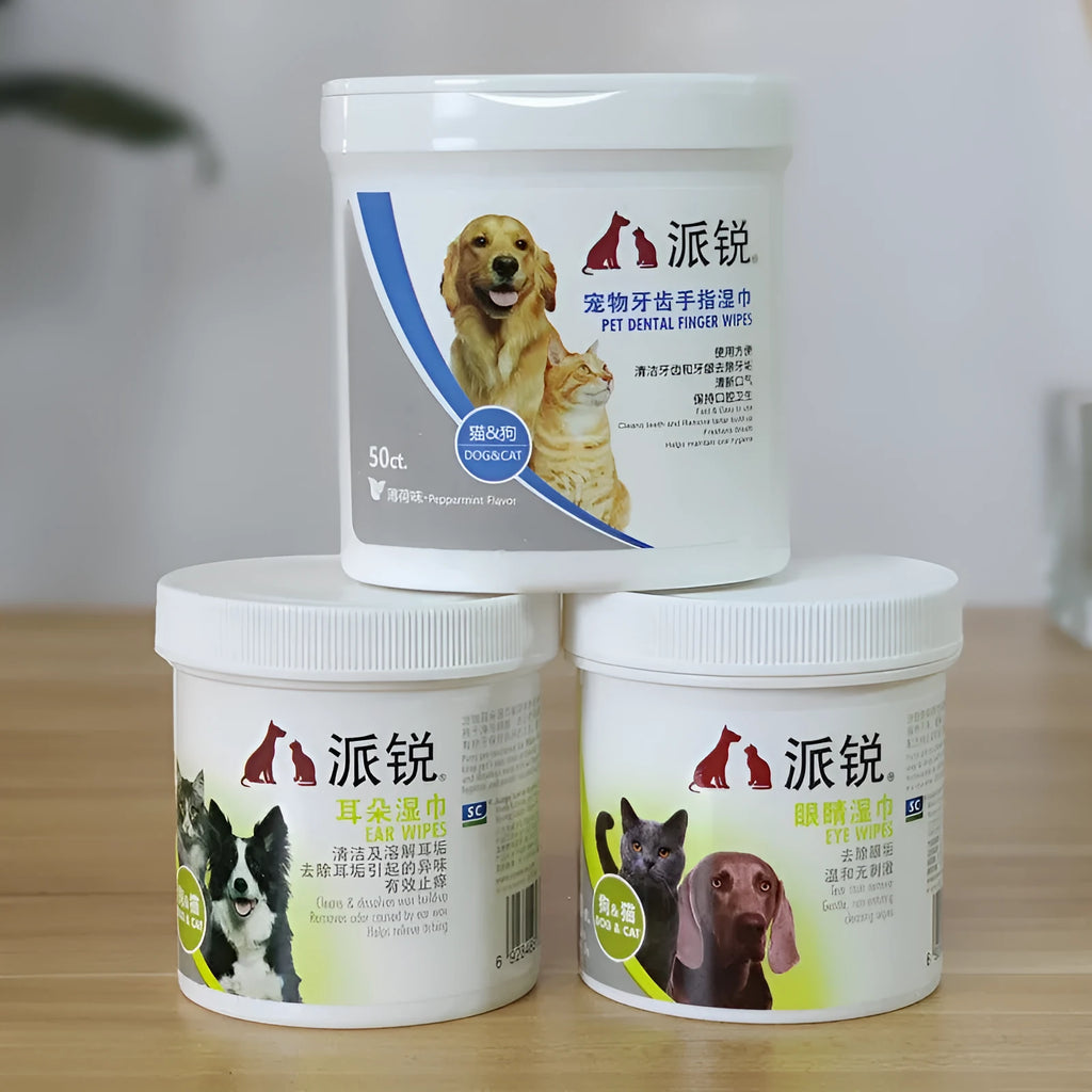 Finger sleeve pet wipes box for cleaning teeth, eyes and ears, 50 or 100 pieces, 8.2cm x 5.8cm x 8.5cm