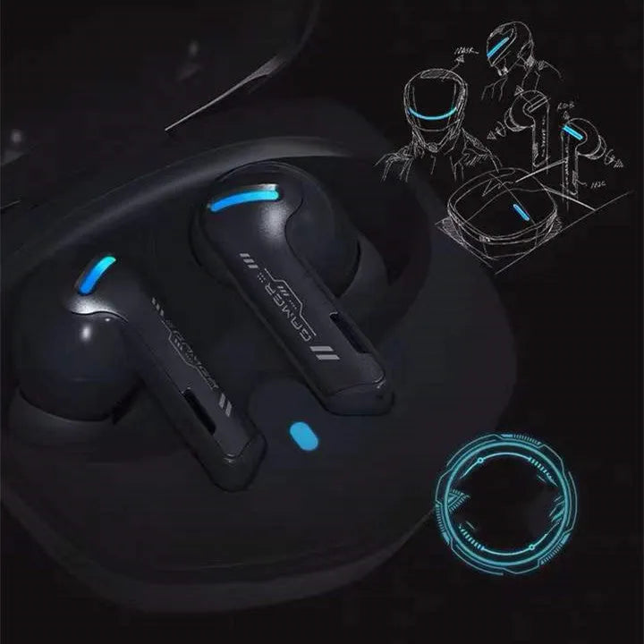 Grey QCY G1 wireless Bluetooth gaming headset with charging case and three sizes of silicone ear caps.
