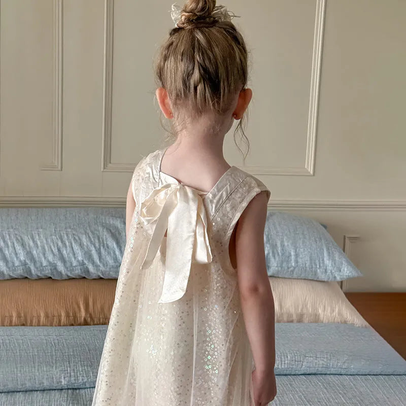 Girls super fairy bow sequins princess dress in beige, cotton-lined summer dress for children 90-130cm
